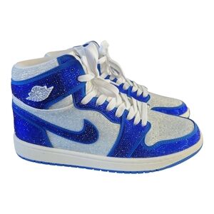 Custom Handmade Blue & White Crystals 'Air Jordan 1 High Tops, Sz 4Y